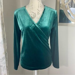 J Crew Mercantile Size Small Top Velvet Faux Wrap Green V-Neck Long Slee…